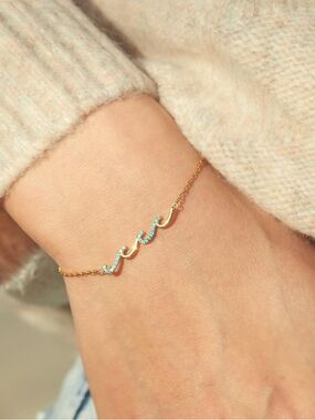 Gold Wave Bracelet with Aquamarine CZ Accents Teacher Gift